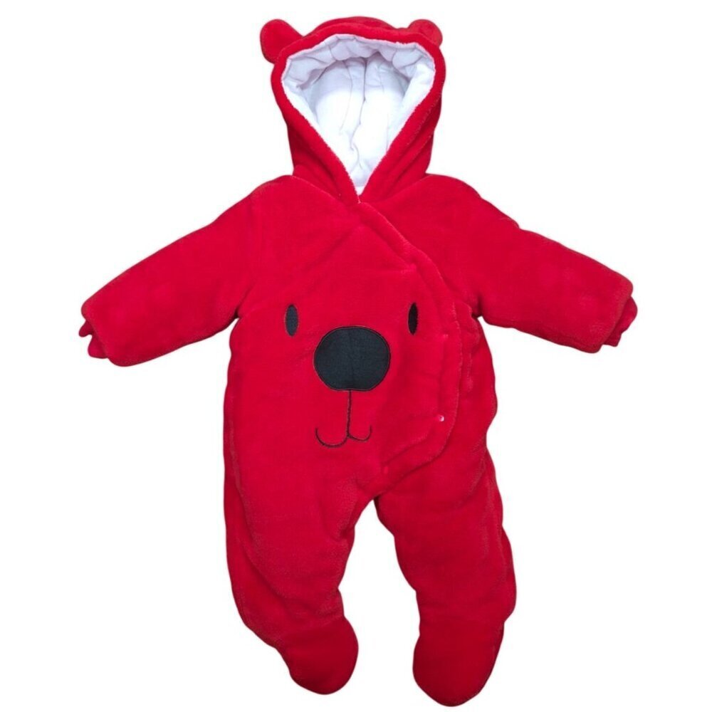 Baby Red Bear Hooded Fleece Snowsuit Jumpsuit One Piece Outfit 6-12 Months.